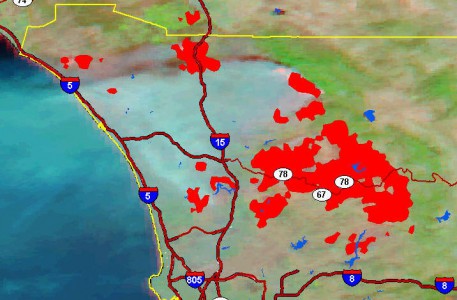 Map showing fire activity overlay in San Diego and Mexico