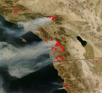 Map showing fire activity in San Diego and Mexico