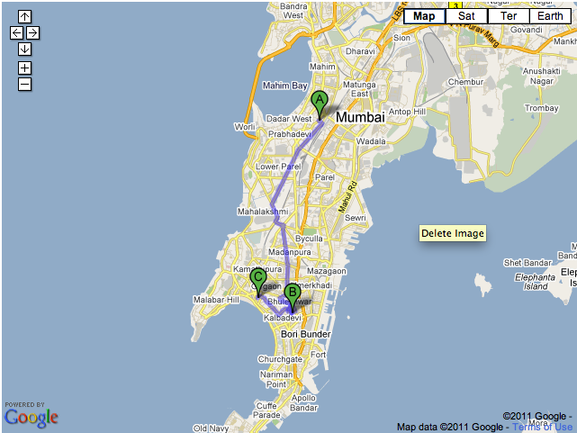 google map showing 3 blasts in Mumbai