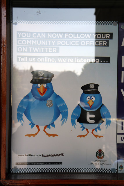 Display windows with two cartoon blue birds in police outfits