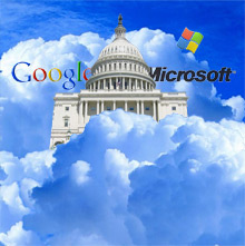 Capitol Hill in cloud with Google and Microsoft logos 
