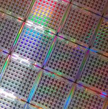 Low-energy processors are etched on a silicon wafer.