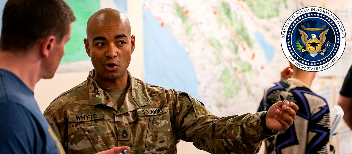 U.S. Army officer talking to a man that is facing him. Map in distant background with SDSU Graduate Program in Homeland Security Logo.